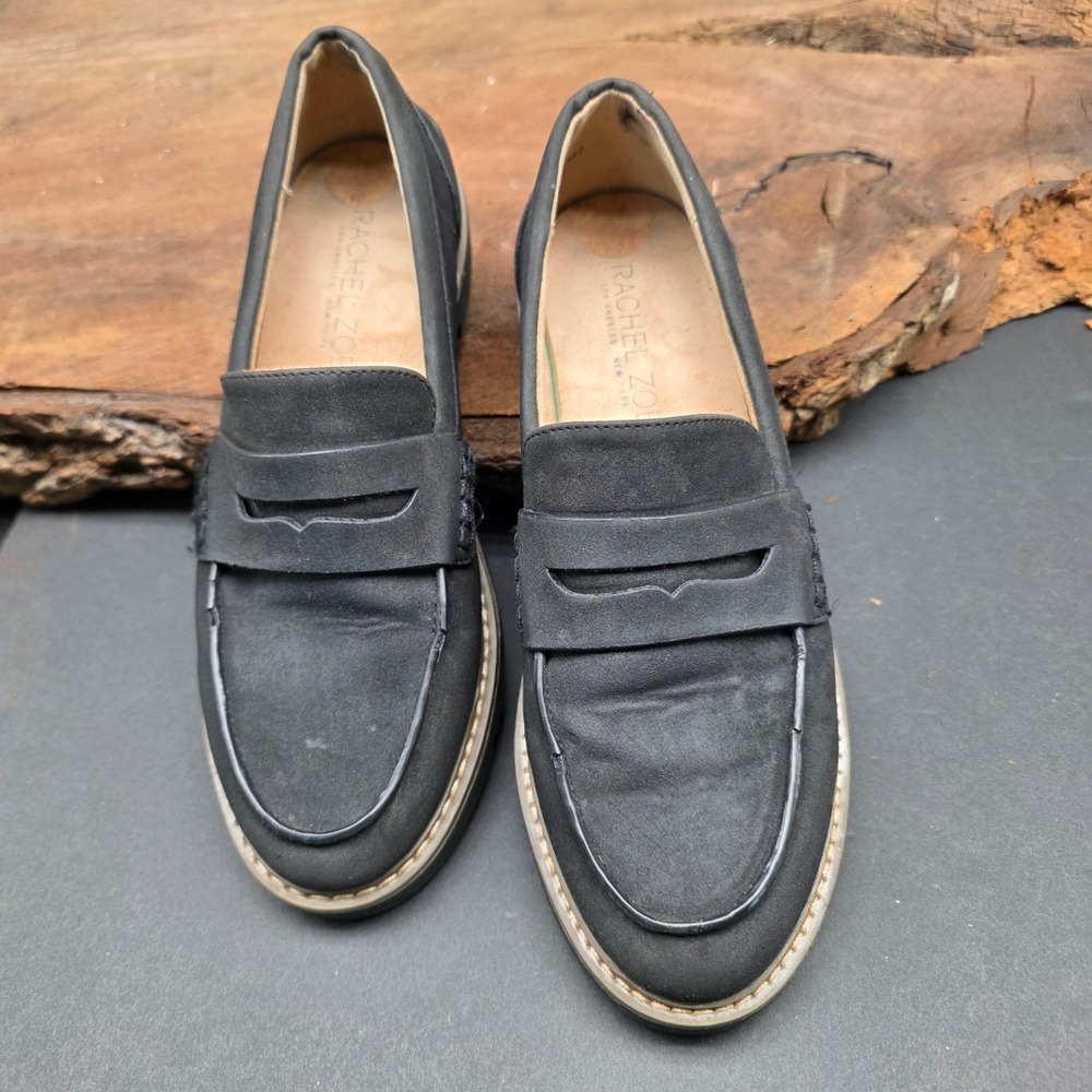 Preppy Rachel Zoe Penny Loafers W 6.5 Black Faux Suede Lug Sole Slip On Campus